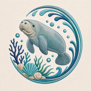 May include: An embroidered design featuring a gray manatee swimming within a circular wave of blue water. The scene includes dark blue coral, light blue sea shells, and small bubbles, all rendered with detailed stitching on a cream background.