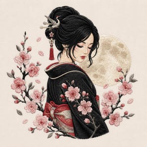 Broderidesign med japanska geishor, fullmånemönster med körsbärsblommor (digital nedladdning)
