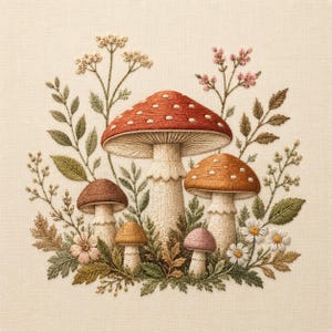 May include: An embroidery design on cream fabric featuring a large red mushroom with white spots, surrounded by smaller brown and pink mushrooms, green leaves, delicate white wildflowers, and small pink floral sprigs in a detailed botanical arrangement.