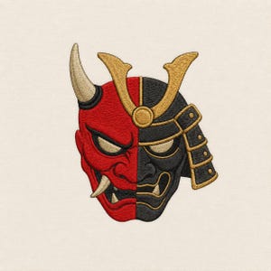 May include: An embroidered patch featuring a split-face design. The left side is red with a single white horn, while the right side is black with a gold samurai helmet crest and armour plating. The eyes and teeth are detailed in gold thread.