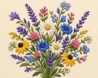 Op de afbeelding: Een borduurontwerp met een kleurrijk boeket wilde bloemen op een crèmekleurige stoffen achtergrond. Het arrangement bevat witte margrieten met gele harten, paarse lavendeltakken, blauwe korenbloemen, gele zonnebloemen en roze klaver.