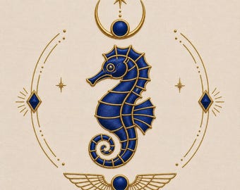 Puede incluir: Una ilustración de un caballito de mar azul profundo delineado en oro, centrado dentro de un marco circular de líneas doradas y detalles en forma de diamante. Sobre el caballito de mar hay una luna creciente y una estrella doradas, y debajo un emblema alado.