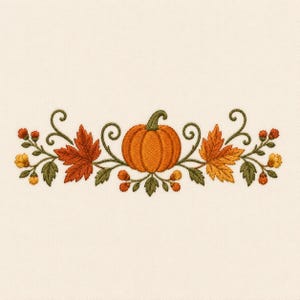 May include: An embroidery design featuring a central orange pumpkin flanked by orange and yellow maple leaves, green swirling vines, and small clusters of orange and yellow berries, all stitched onto a solid off-white fabric background.