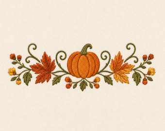 May include: An embroidery design featuring a central orange pumpkin flanked by orange and yellow maple leaves, green swirling vines, and small clusters of orange and yellow berries, all stitched onto a solid off-white fabric background.