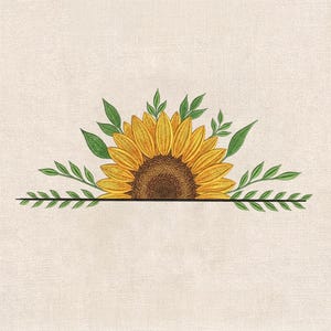 May include: An embroidered design featuring a half sunflower with bright yellow petals and a dark brown center, accented by green leaves and stems arranged symmetrically along a horizontal line on a textured, light beige fabric background.