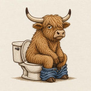 以下が含まれることがあります： 長い角を持つ茶色のハイランド牛が白いトイレに座っている刺繍デザイン。牛は毛むくじゃらの毛皮をしており、足首まで下げた青いデニムのジーンズを履いている。このアートワークは、詳細な糸で表現されている。