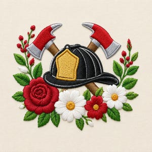 May include: An embroidered patch featuring a black firefighter helmet with a yellow shield, positioned in front of two crossed red and silver axes. The design is framed by a vibrant arrangement of red roses, white daisies, and green leaves.