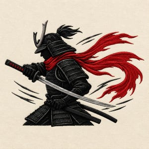 May include: An embroidered patch featuring a black samurai warrior in traditional armor, wearing a helmet with a topknot. A long, flowing red scarf trails behind the figure, who holds a silver katana sword extended forward with both hands.