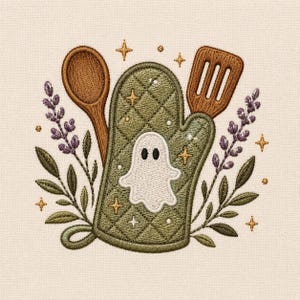 Könnte beinhalten: Ein Stickmotiv auf cremefarbenem Stoff mit einem gesteppten olivgrünen Ofenhandschuh mit weißem Geister-Applikation, flankiert von einem braunen Holzlöffel und einem Pfannenwender, umgeben von violetten Lavendelzweigen und kleinen goldenen Sternen.