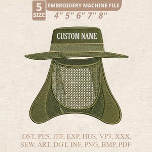 Puede incluir: Archivo de bordado verde oliva de un sombrero con protector de cuello. El sombrero tiene el texto "CUSTOM NAME" en la parte delantera. La imagen también incluye opciones de tamaño de 10,16 cm a 20,32 cm y opciones de tipo de archivo.