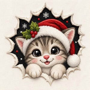 Può includere: Una toppa ricamata raffigurante un gattino grigio tigrato che indossa un cappello da Babbo Natale rosso e bianco. Il gattino ha grandi occhi scuri, guance rosa ed è incorniciato da uno sfondo nero a forma di stella con fiocchi di neve.