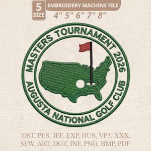 Puede incluir: Parche bordado verde con las palabras "MASTERS TOURNAMENT 2026" y "AUGUSTA NATIONAL GOLF CLUB" alrededor de un contorno verde de los Estados Unidos con una bandera de golf. Tamaños disponibles: 10,16 cm, 12,7 cm, 15,24 cm, 17,78 cm y 20,32 cm.