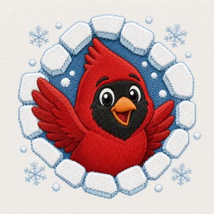 May include: An embroidered patch featuring a bright red cardinal bird with a black face and orange beak, centered within a circular frame of white ice blocks against a blue background, surrounded by small white embroidered snowflakes.