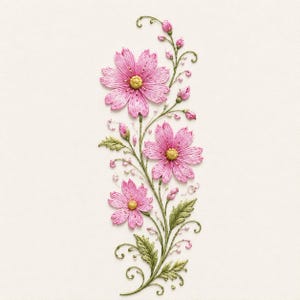 May include: An embroidery design featuring three pink flowers with yellow centres, connected by green stems and swirling vines. The composition includes several small pink buds and green leaves, arranged in a vertical, flowing floral pattern.