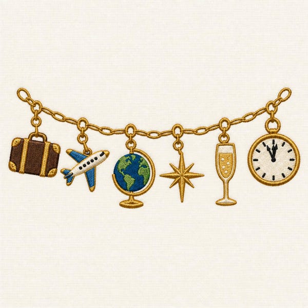 Travel Charm Bracelet Embroidery Design, Adventure Globe Machine File, Airplane Luggage Digital Pattern