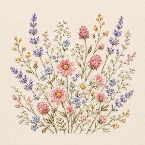 Maskinbroderidesign med vildblommor, blomträdgårdsmönster (digital fil)