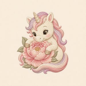 May include: An embroidered patch featuring a cream-colored unicorn with a gold horn and a flowing mane of pink and purple. The unicorn is positioned behind a large, detailed pink peony flower with green leaves, rendered in a textured stitch style.