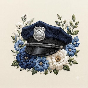Può includere: Un berretto da polizia ricamato in blu scuro e nero con un distintivo argentato sul davanti, circondato da una composizione floreale di fiori bianchi e blu con foglie verdi, il tutto cucito su un tessuto di colore bianco sporco.