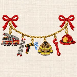 Puede incluir: Un diseño de bordado con una cadena dorada colgada entre dos lazos rojos. De la cadena cuelgan un camión de bomberos rojo, una escalera plateada, una manguera negra y roja con agua azul, una chaqueta beige, una llave inglesa roja y un casco rojo.