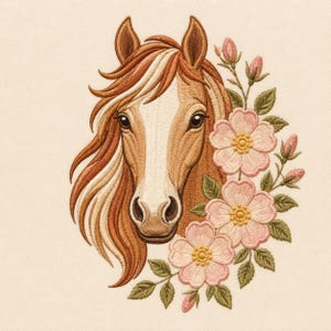 May include: An embroidery design featuring a brown horse head with a white blaze on its face and a flowing mane, positioned next to a cluster of three light pink flowers with yellow centers, green leaves, and several small closed flower buds.