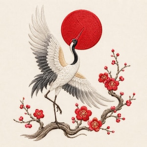 May include: An embroidery design featuring a white crane with black and grey wing feathers, standing on a brown branch with red plum blossoms. A large, solid red circular sun is positioned behind the crane's head on a cream fabric background.