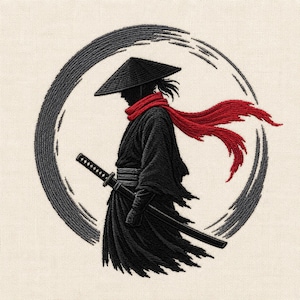 May include: An embroidered design featuring a silhouette of a warrior wearing a conical hat and black robes with a flowing red scarf. The figure holds a katana at their side, positioned against a large, circular, textured gray brushstroke background.