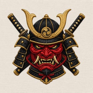 May include: An embroidered patch featuring a red samurai mask with sharp fangs and a black beard, wearing a black and gold helmet with a central crest. Two crossed black and gold swords are positioned behind the helmet, creating a symmetrical design.