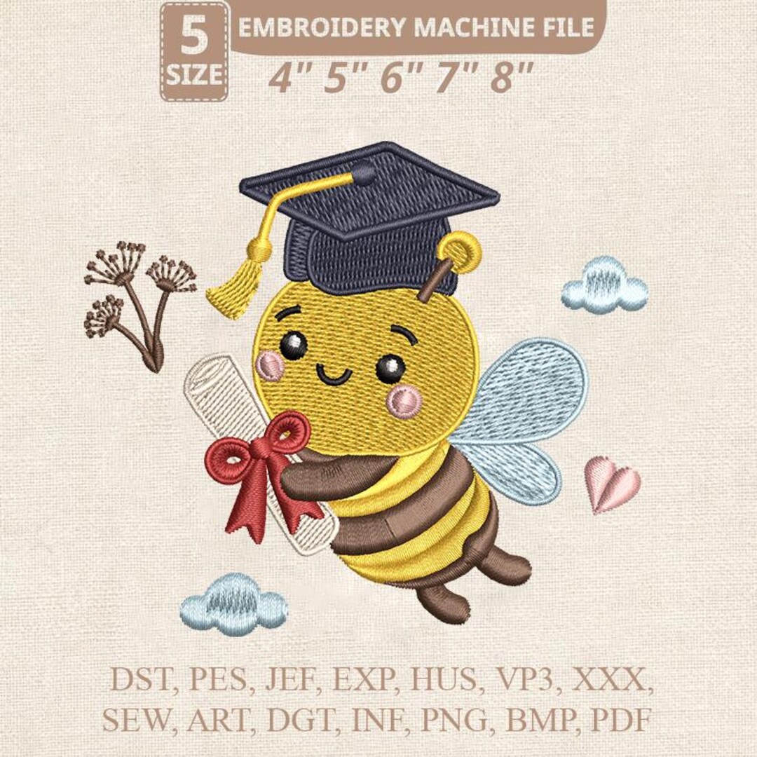 Graduation Bee Embroidery Design, Class of 2026 Graduate Bee, Satin ...
