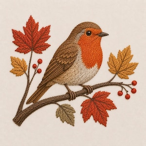 Può includere: Un ricamo raffigurante un pettirosso marrone e arancione appollaiato su un ramo. La scena include foglie d'acero rosse e gialle dettagliate e piccole bacche rosse. L'uccello presenta un petto arancione distintivo e ali marroni con fili ricamati.