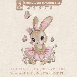 Op de afbeelding: Geborduurd ontwerp van een konijn met een roze tutu en strik, omringd door vlinders en bloemen. Het ontwerp is verkrijgbaar in maten van 10,16 cm tot 20,32 cm en is een machineborduur bestand.