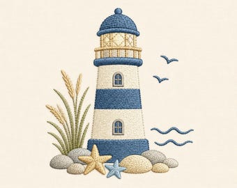 Borduurpatroon van een vuurtoren, kust- en nautisch machinaal bestand, stranddecoratie (digitale download)