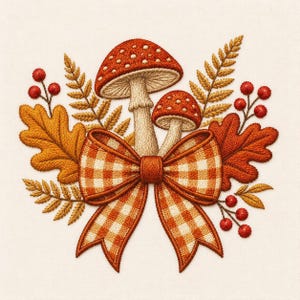 May include: An embroidery design featuring two red-capped mushrooms with white spots, surrounded by golden oak leaves, fern fronds, and red berries. A large, orange and white gingham check ribbon bow is centered at the base of the mushrooms.