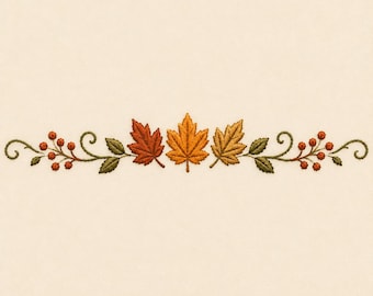May include: An embroidery design featuring a horizontal arrangement of three central maple leaves in shades of red, orange, and gold, flanked by green leaves, brown stems, and small red berries on curling vines against a solid cream background.
