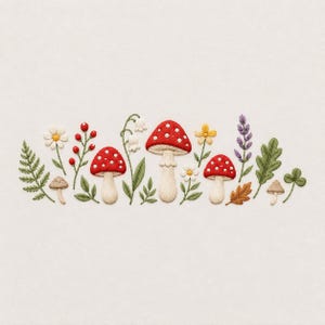 Pode incluir: Um design de bordado com três cogumelos vermelhos com pintas brancas, pequenas flores brancas, bagas vermelhas, folhas verdes de feto e carvalho, um ramo de alfazema roxa e dois pequenos cogumelos castanhos num padrão botânico horizontal.