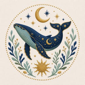 May include: An embroidered circular design featuring a dark blue whale centered among golden stars, a crescent moon, and a sun. The whale is surrounded by light green and dark blue leafy branches, all enclosed within a border of small golden dots.