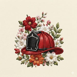 Floral Firefighter Helmet Embroidery Design, Fireman Hat Pattern, Rescue Gift File, Instant Download, Machine Embroidery, Satin Stitch Flowe