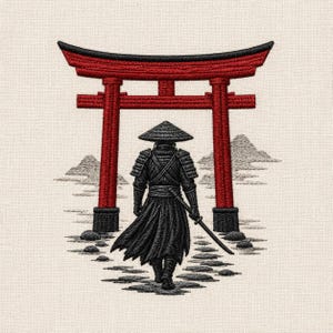 Broderidesign för samurai-toriiporten, lapp för japanskt landskap med Ronin-krigare (digital nedladdning)