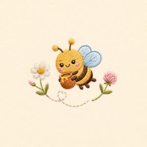 Diseño de bordado a máquina de una linda abeja con tarro de miel, dulce abejorro y flores. Archivo de patrón de bordado digital.