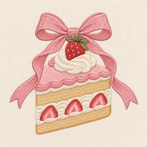 May include: An embroidered design of a triangular slice of cake featuring light tan sponge layers, white cream filling, and sliced strawberries. A large pink bow sits atop the cake, which is topped with a dollop of cream and a whole strawberry.