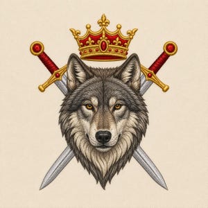 May include: An embroidered patch featuring a detailed gray wolf head centered in front of two crossed silver swords with gold hilts and red accents. A gold crown with red detailing sits directly above the wolf's head on a light background.