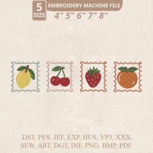 May include: An embroidery machine file with four fruit designs: a lemon, cherries, a strawberry, and an orange. The file sizes are 4", 5", 6", 7", and 8". The file formats include DST, PES, JEF, EXP, HUS, VP3, XXX, SEW, ART, DGT, INF, PNG, BMP, and PDF.