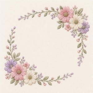 May include: An embroidery design on off-white fabric featuring a floral wreath arrangement. The pattern includes pink, cream, and lavender flowers with green leaves and small buds, forming an open frame shape with two clusters of blooms.