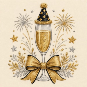 May include: An embroidered design featuring a champagne flute filled with golden liquid, topped with a black and gold polka dot party hat. A large gold ribbon bow sits at the base, surrounded by silver and gold fireworks and star accents.
