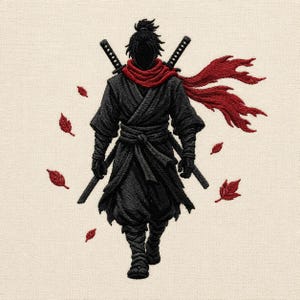 Samurai Broderidesign, Ninja Warrior Maskinfil, Röd Halsdukslapp (Direkt Nedladdning)