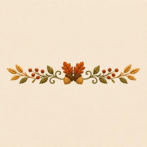 May include: An embroidery design featuring two central acorns with orange oak leaves, flanked by symmetrical branches with green leaves, golden yellow foliage, and small red berries, all arranged in a horizontal decorative pattern.