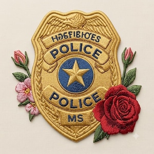 Op de afbeelding: Een geborduurde patch in de vorm van een gouden politiebadge met een blauwe ster in het midden, voorzien van de tekst "HOGFIBIOES", "POLICE" en "MS". De badge wordt geflankeerd door geborduurde roze bloemen links en een grote rode roos rechts.