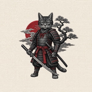 Samurajkattbroderidesign, japansk krigarkattmaskinfil (digital nedladdning)