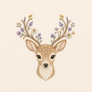Könnte beinhalten: Ein Stickdesign eines Rehkopfes mit großen dunklen Augen und weißen Flecken auf der Stirn. Das Reh hat verzweigte Geweihe, die mit gestickten weißen Gänseblümchen, kleinen violetten Blüten und winzigen gelben Knospen auf hellem Stoff verziert sind.