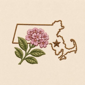 May include: An embroidery design on cream fabric featuring the outline of Massachusetts in brown thread. A cluster of pink hydrangea flowers with green leaves is positioned on the left, and a small brown star is stitched on the right side.