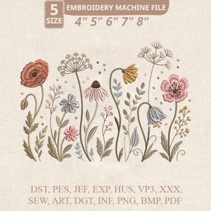 May include: An embroidery machine file featuring a floral design with various flower types in shades of pink, yellow, blue, and brown. The design is available in 5 sizes, ranging from 4" to 8". File formats include DST, PES, JEF, EXP, HUS, VP3, XXX, SEW, ART, DGT, INF, PNG, BMP, and PDF.